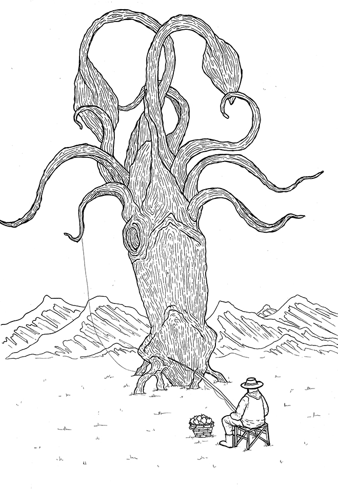 Line drawing of a squid shaped apple tree with mountains in the background and a fisherman fishing for apples off the tree.