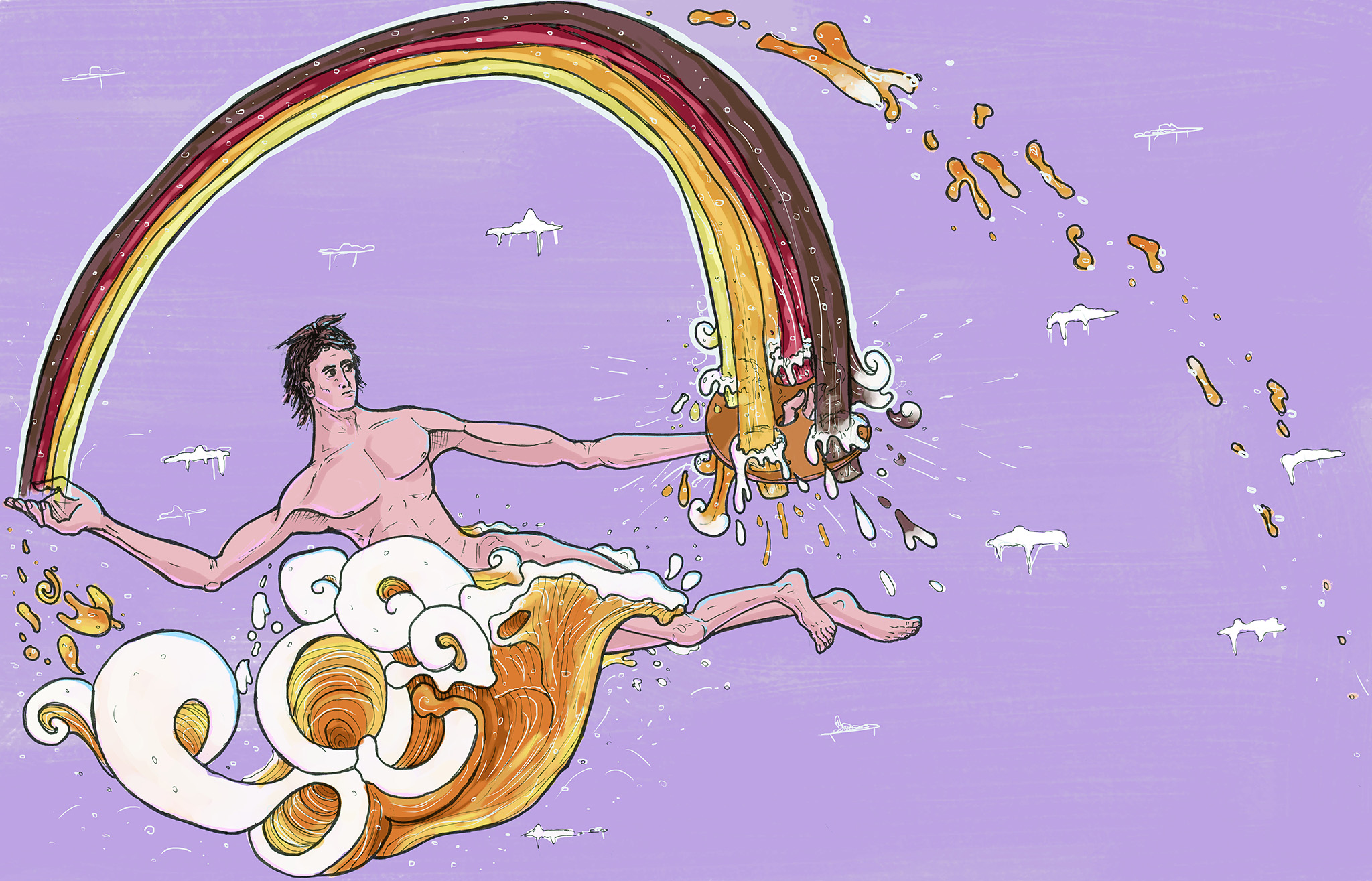 Coloured drawing of a greek god pouring a rainbow of beers onto an artist's palette containing beer glasses, floating on a foaming cloud of beer.