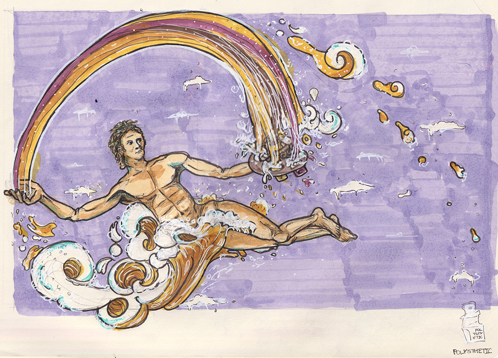 Coloured detailed sketch of a greek god floaing on a cloud of beer pouring a rainbow of beer into an artist's palette with beer glasses.